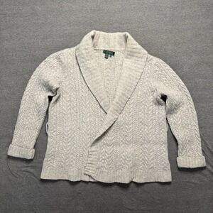 Lauren Ralph Lauren 100% Lambswool Gray Cable Knit Cardigan Size XL MISSING BELT